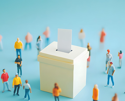 3d illustration of ballot box and diverse figures for internatio